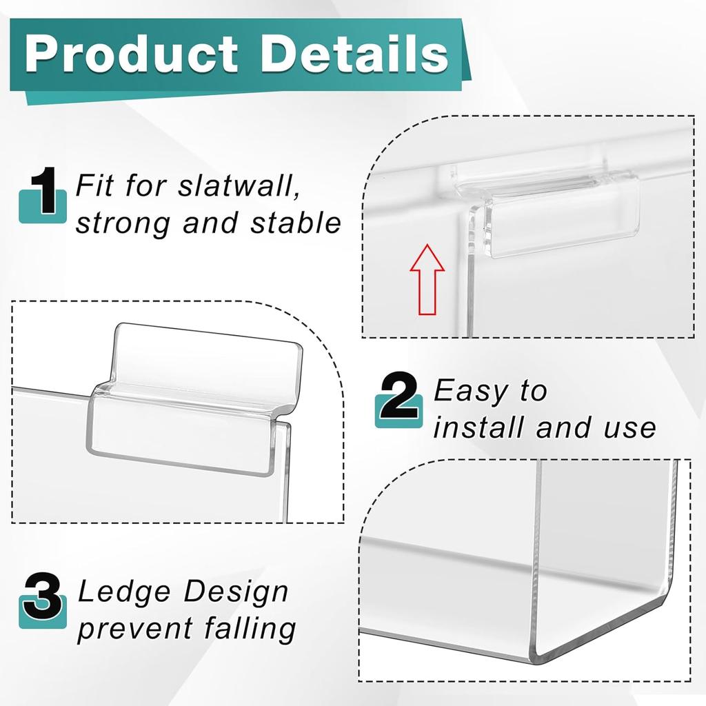 4 Pack Slatwall J Ledge Shelf, Clear Acrylic Slatwall Shelves Hanging Storage Accessories for Retail Display Boutiques Home Stores Boutiques