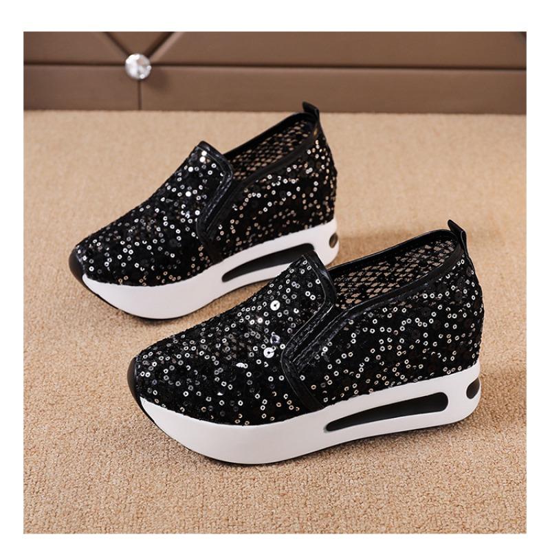 Inner height-increasing white shoes, lace sequins, mesh one-pedal single shoes for women, summer new breathable sneakers for women