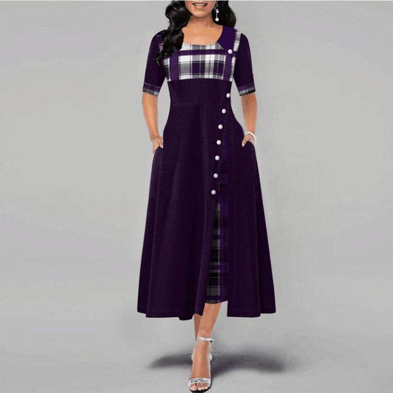 

Summer Soft Women s Fashion Half Sleeve Plaid Print Button Detail Maxi Dress Long Dress A Line Casual Soft XXXXL жовтий