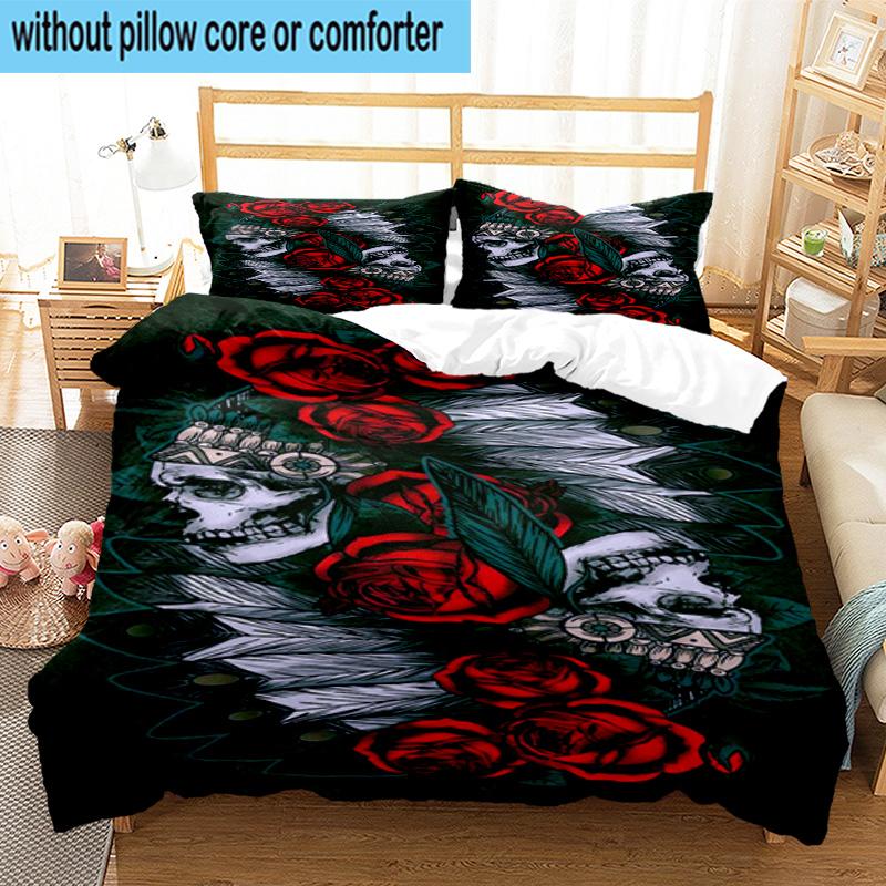 Skulls And Roses Artwork 3pcs Bedding,Including 1pc Duvet Cover And 2pcs Pillowcases Perfect for Christmas,Ideal for Bedroom, Dormitory