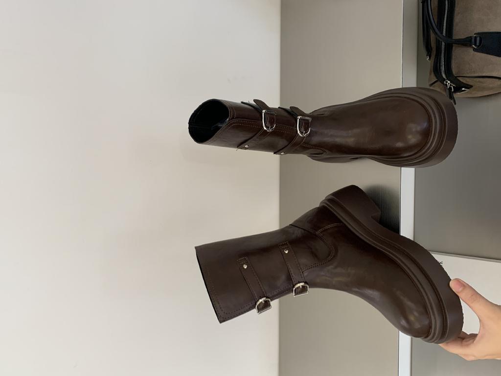 [] British Vintage Western Belt Buckle Women's New Platform Medium Boots Knight Martin Boots