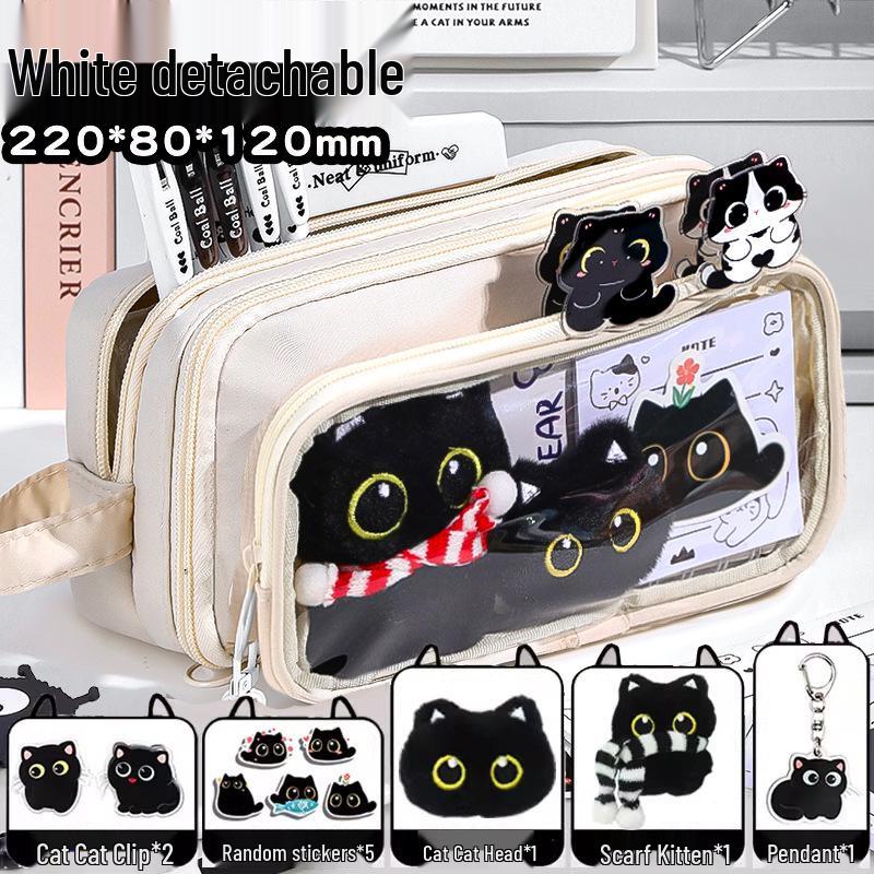 Detachable Transparent Scarf Kitten Pencil Case - Girls' School Stationery Box, Dirt-Resistant