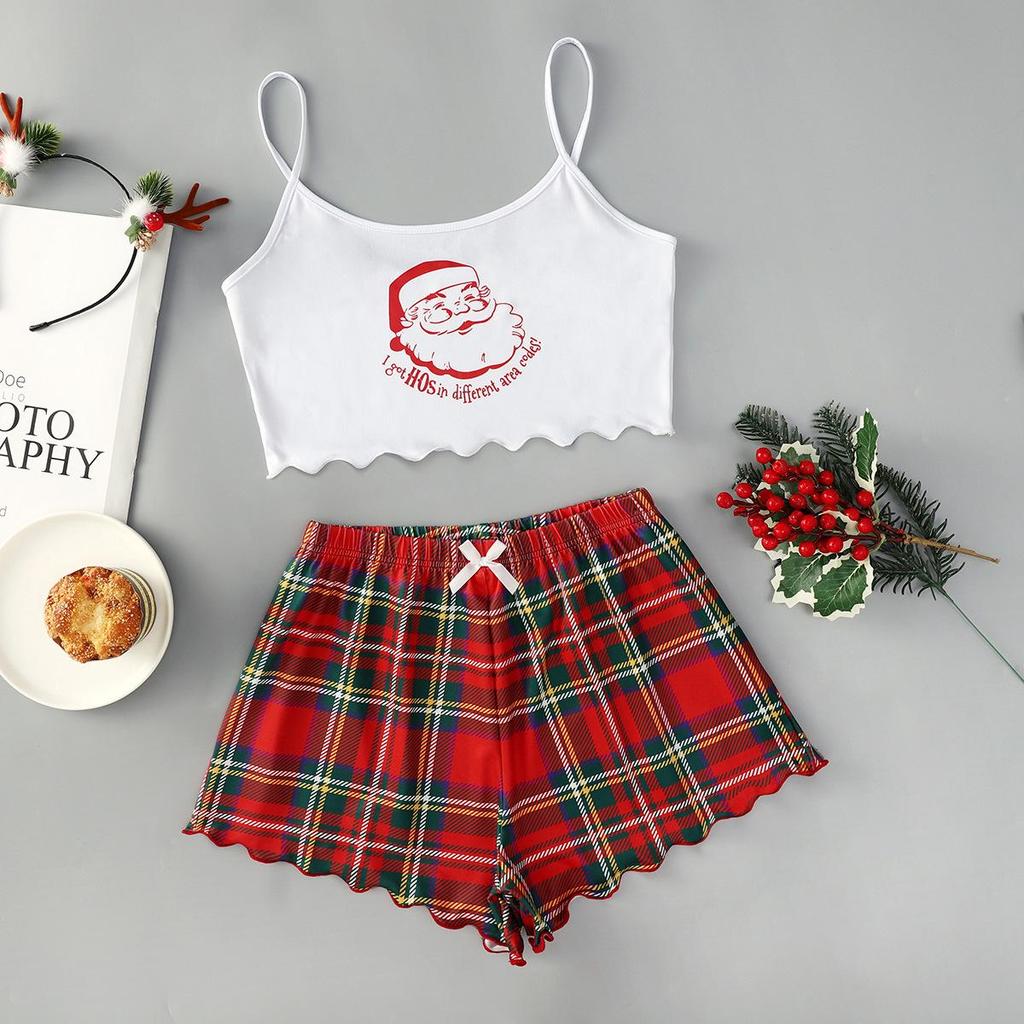 Christmas Style Milk Silk Camisole and Shorts Two-Piece Pajama Set