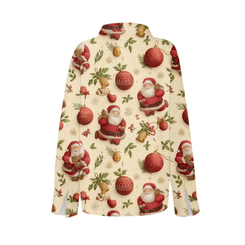 Women's Christmas Printed Button Up Long Sleeved Casual Regular Shirt With Collar Top