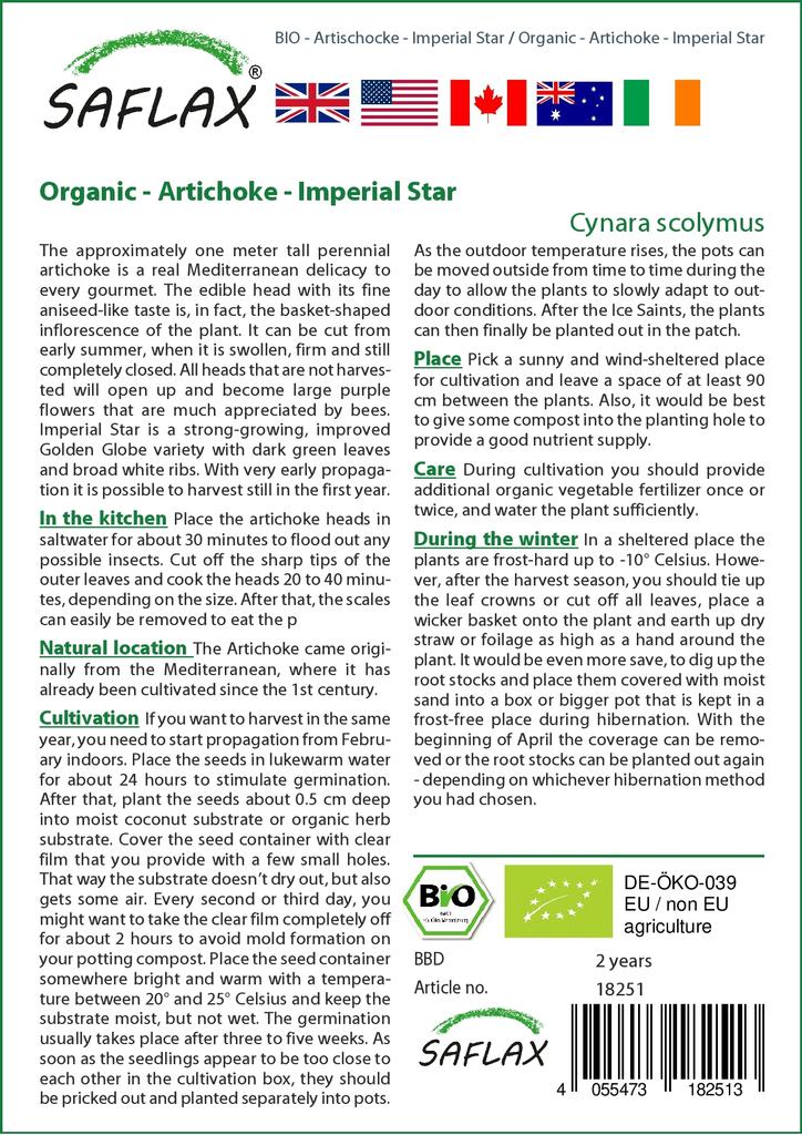 SAFLAX Garden In the Bag - Organic - Artichoke - Imperial Star - 5 Seeds - With Substrate In a Fitting Stand Up Bag - Cynara Scolymus