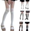 Ribbed Knit Striped Over Knee Long Socks for Women Japanese Student Sweet Bowknot Lace Splicing Thigh High Stockings