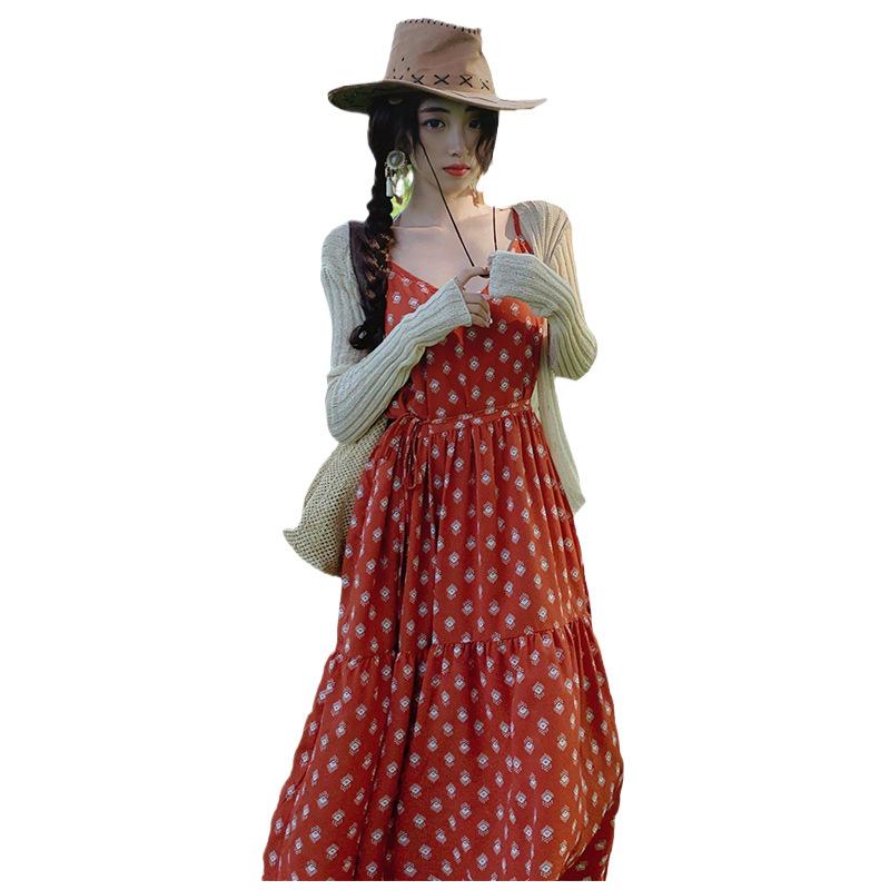 Dream Horse Retro Vacation Long Skirt Qinghai Big Northwest Red Dress Bohemian Suspender Dress Backless Woman