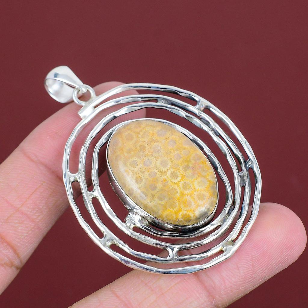 Fossil Coral Pendant Original Gemstone Pendant 925 Sterling Silver Pendant Fossil Coral Jewelry Handmade Birthstone Pendant Gifts For Mother