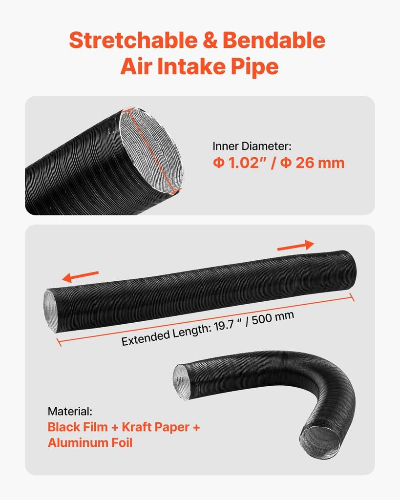 Diesel Heater Intake Pipe Kit, 25mm Car Air Parking Heater Ducting Pipe Hose Tube, Stretchable & Bendable Car Air Intake Filter Silencer Hose Pipes