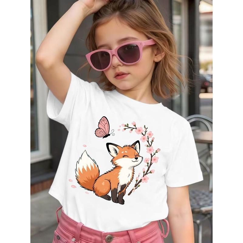 Girls Fox Cherry Blossom Butterfly Print Crewneck Summer Short Sleeve Tee 110 белый