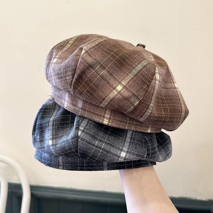 New Korean Dopamine Color Plaid Beret Women's Autumn Sweet British Painter's Hat Plaid Octagonal Hat