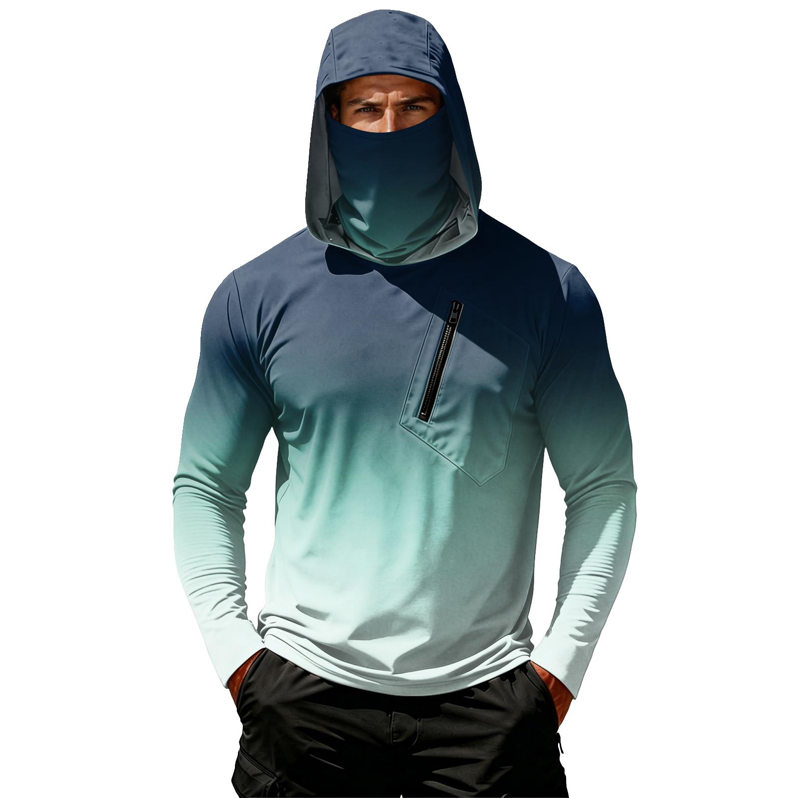 

Mens Long Sleeve Hooded Shirt Gradient Lightweight Pullover with Zipper Pocket Breathable Quick for Outdoor Activities M