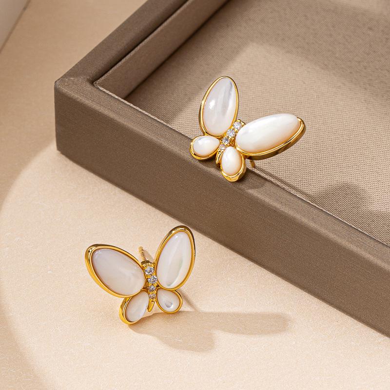 Damen Schmetterlingshalskette & Zirkonia Ohrring Set - Weißes Perlmutt, Leichte Luxus Schlüsselbeinkette, Design 2025