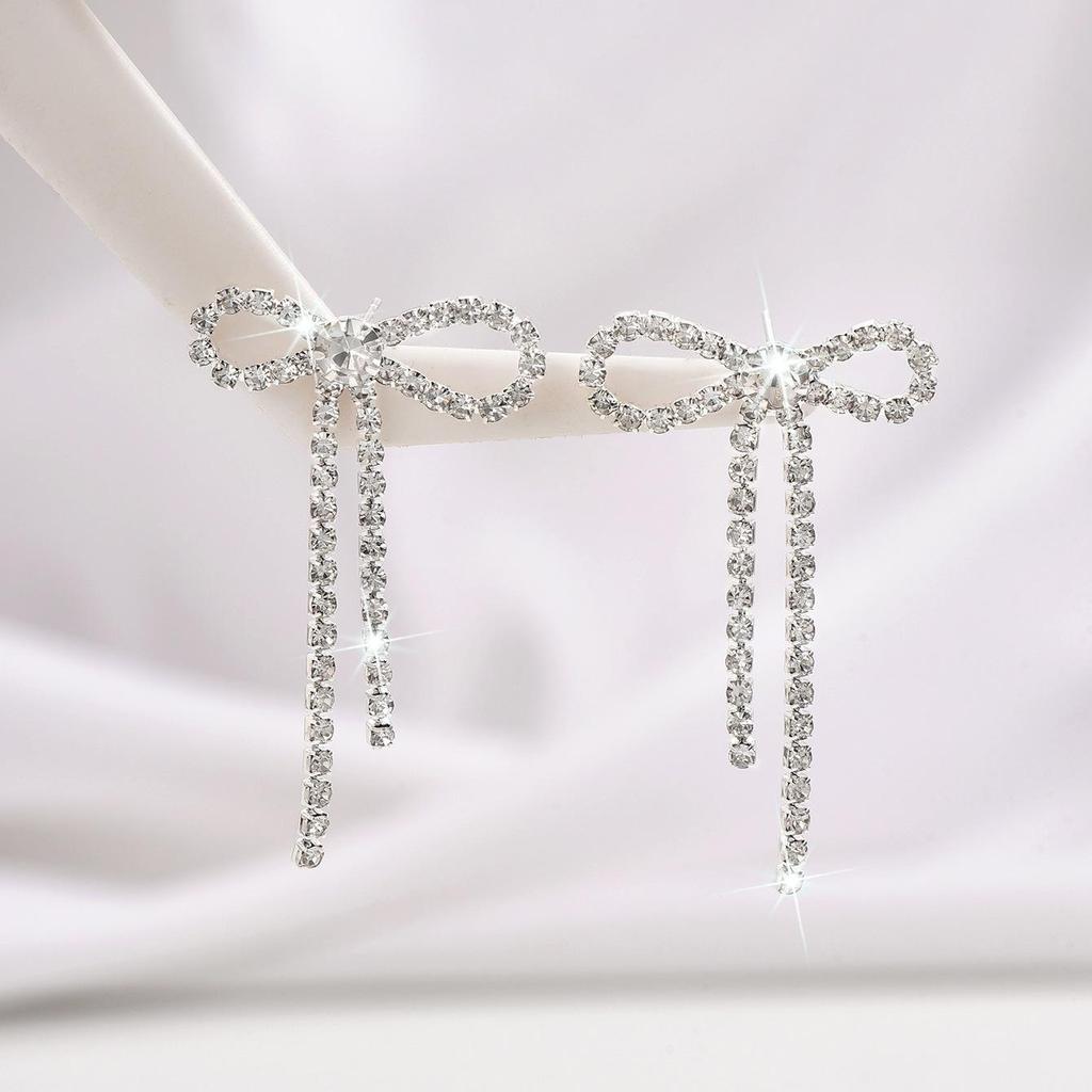 Crystal Bow Knot Tassel Drop Earrings, Silver/Black Rhinestone Long Dangle Earrings for Women