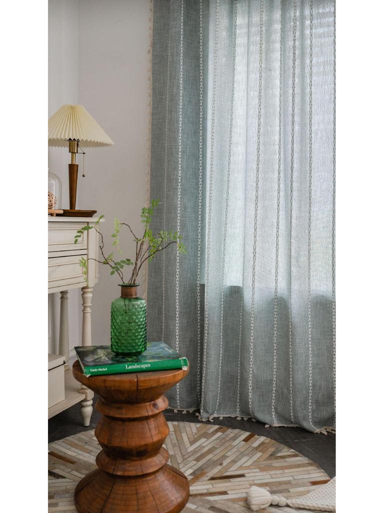 Imanqi Yun Striped Embroidery Semi-Blackout Curtains for Kitchen or Living Room, Country Style Bay Window Decor