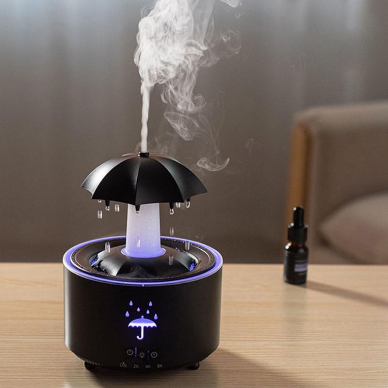 

Вращающийся зонт Капли дождя Аромадиффузор для эфирных масел Тихие ультразвуковые увлажнители воздуха 7 цветов Дышащий светодиодный свет US PLUG чёрный
