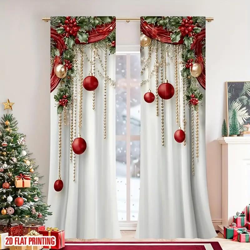 Xmas Ornament Holly Curtains Decor Polyester Holiday Window Home Living Bedroom Light Filtering Set Of 2 Made With Rod Pocket