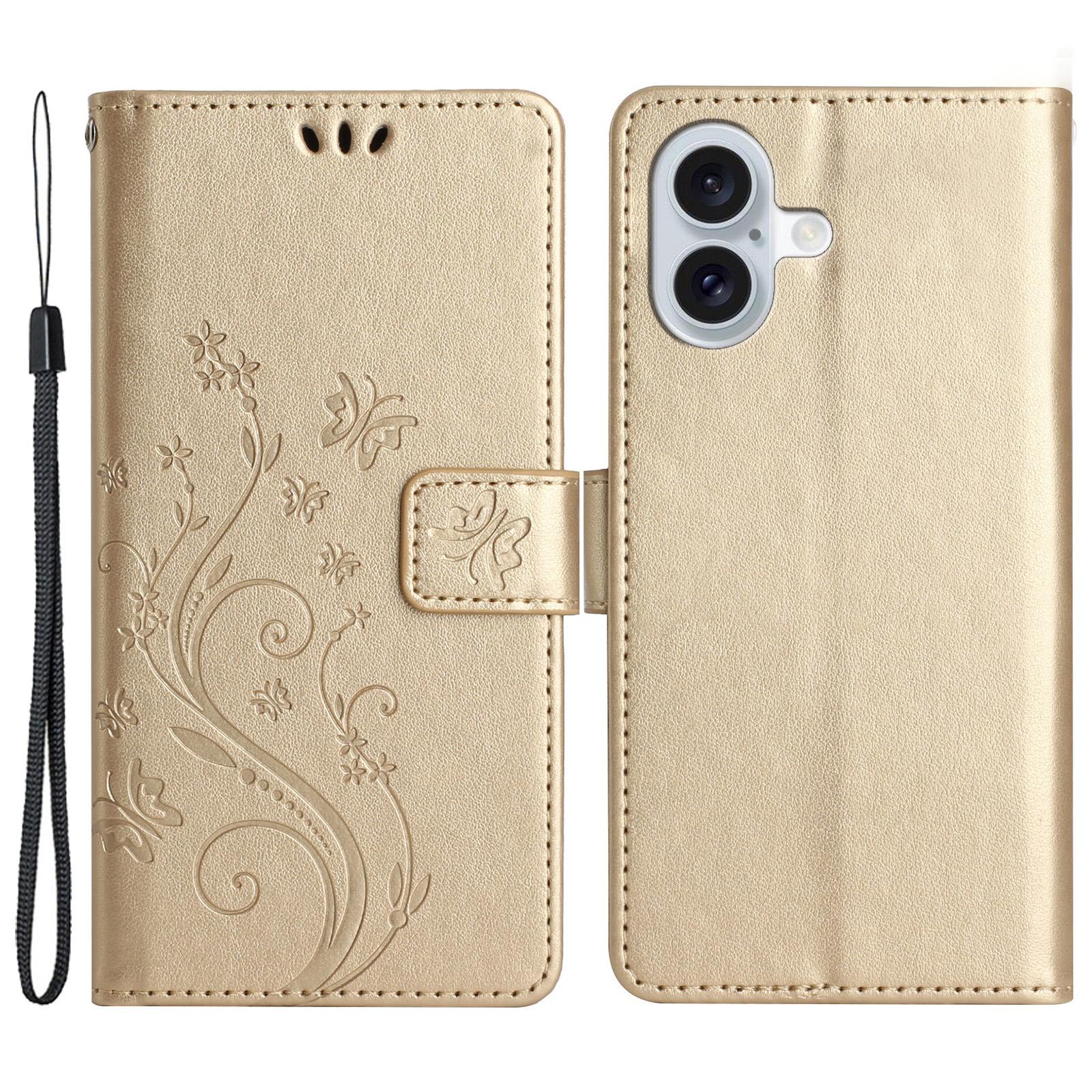 

For iPhone 16 Plus Case Wallet PU Leather Butterfly Floral Phone Cover with Strap Gold