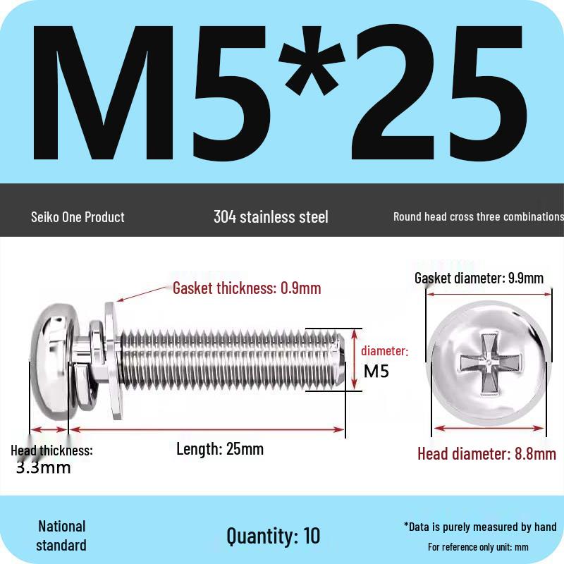 304 Stainless Steel Phillips Round Head Screw with Flat Washer M3/M4/M5/M6