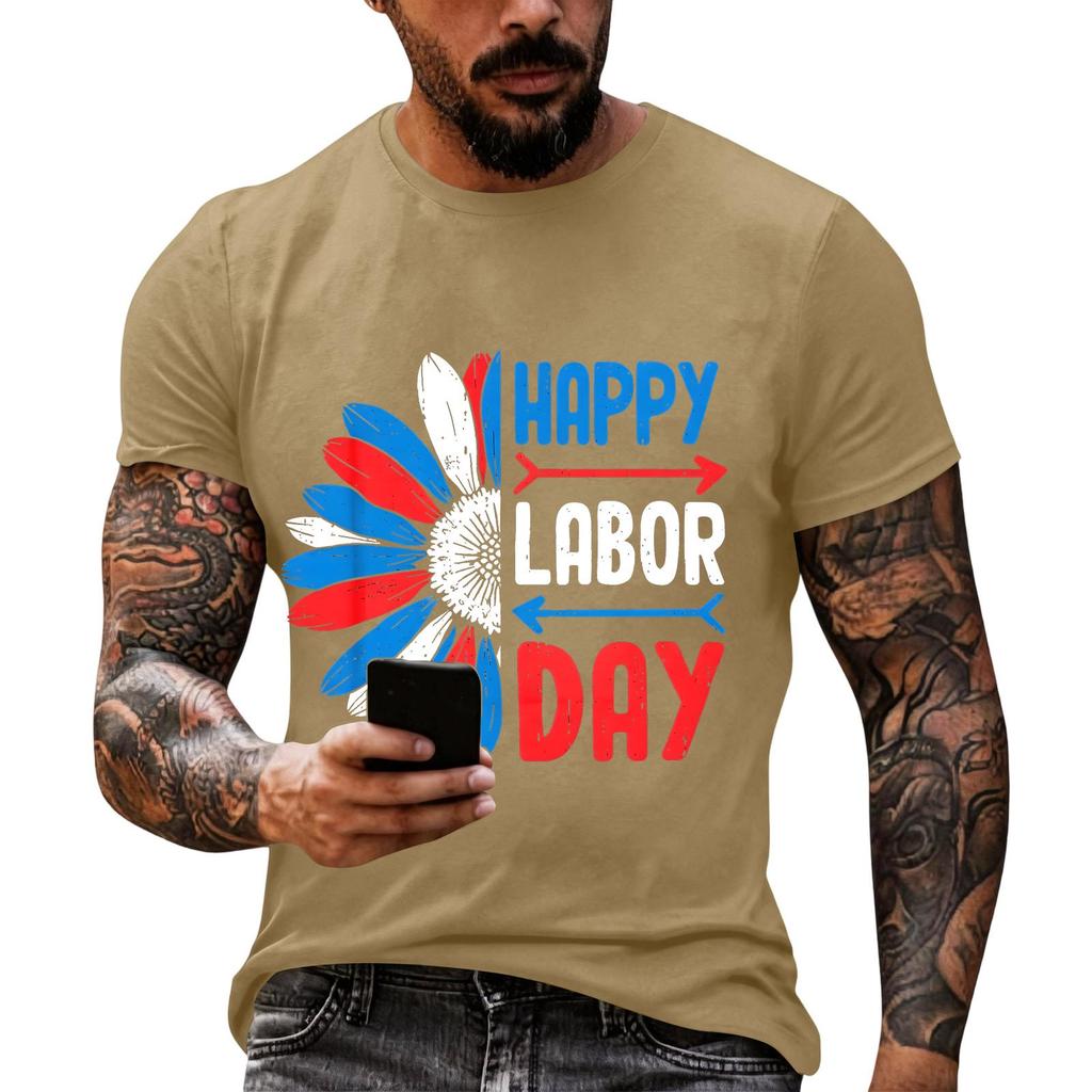 Men's Casual Loose Fit Short Sleeve T-Shirt Crew Neck Printed Graphic Tee for Labor Day Celebration Comfortable Everyday Wear