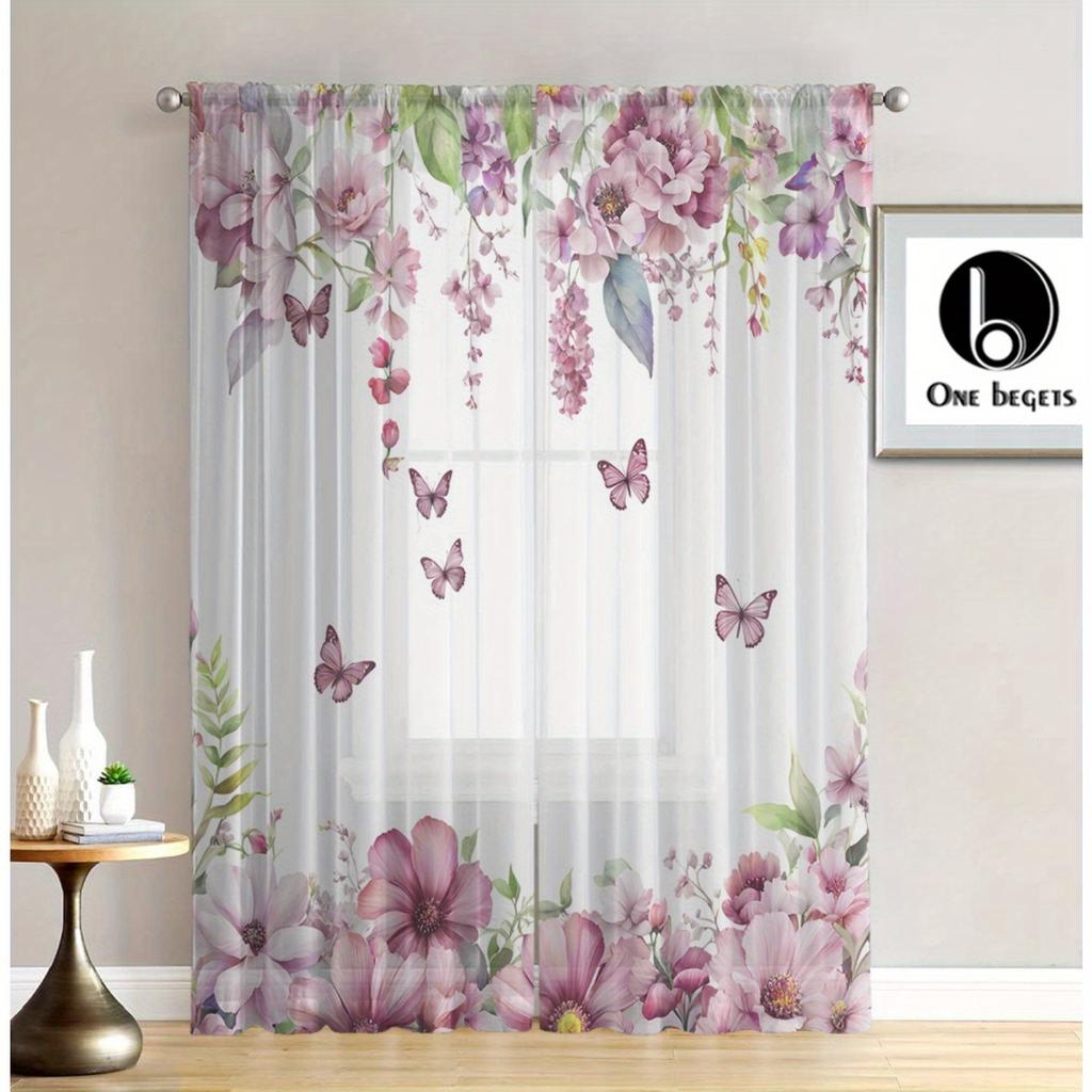 2 Pcs Elegant Pink Floral & Butterfly Curtains – Home Decor for Kitchen Cafe Living Room Dining Room Balcony Bedroom