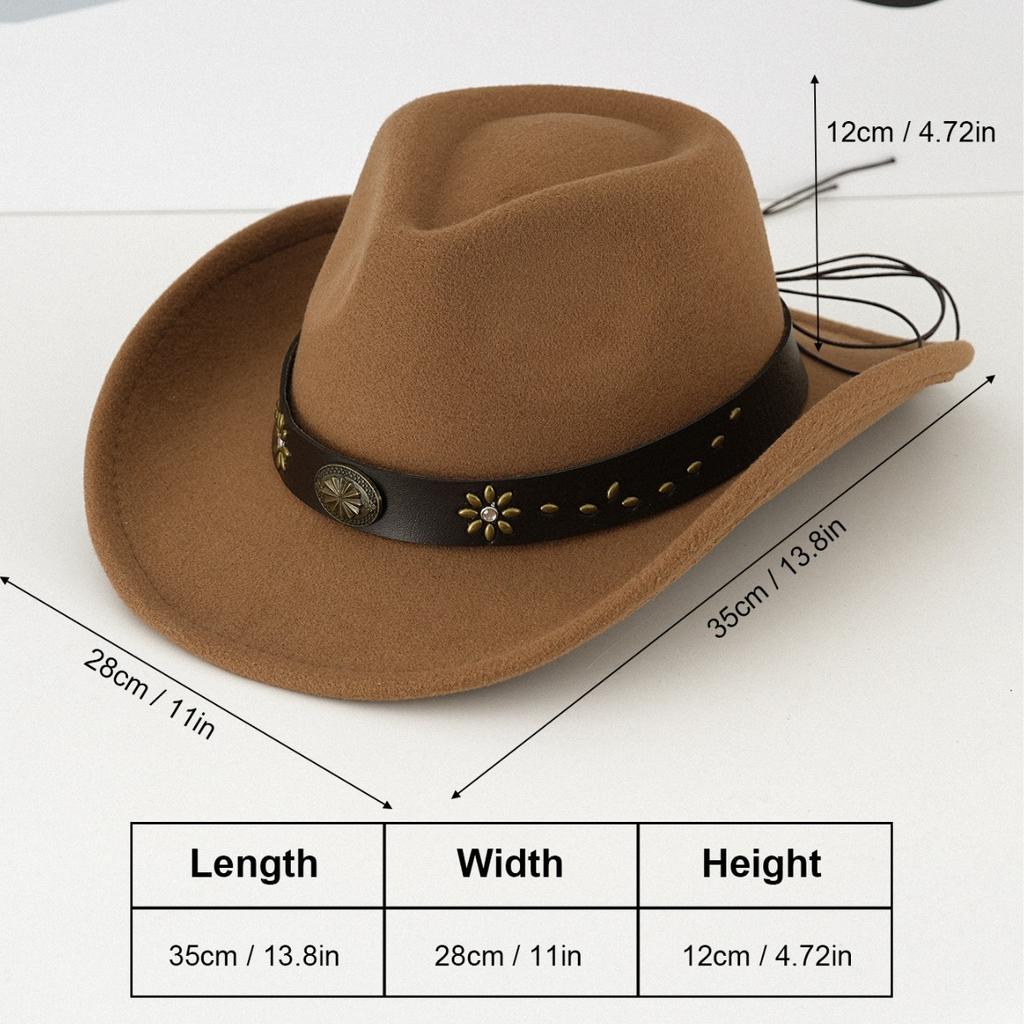 Men's and women's models, western cowboy hat, metal flower accessories pu leather belt, jazz hat, stage performance hat.