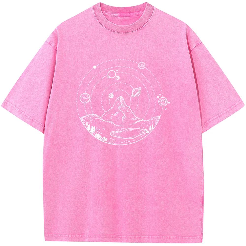 Mountain Print Unisex Washed T-Shirt Novelty Summer Bleached Tshirt Funny Casual Loose Bleach Tops Tee