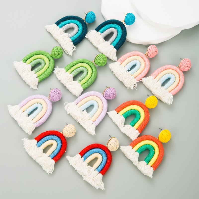 Women's Earrings Fresh Hand Woven Cotton Rope Tassel Earrings Sweet Lovely Rainbow Drop Earrings