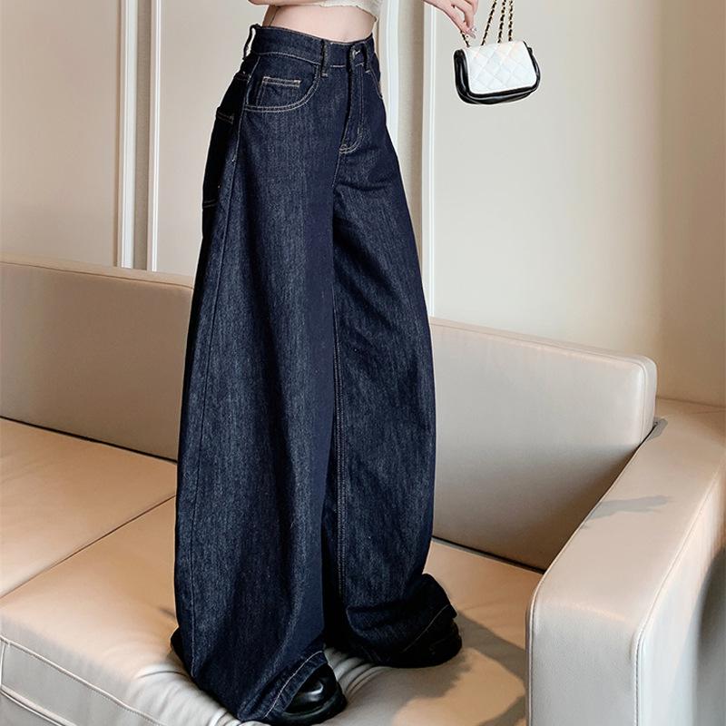 Women's Summer 2024 Retro High-Waisted Dark Wash Wide-Leg Jeans