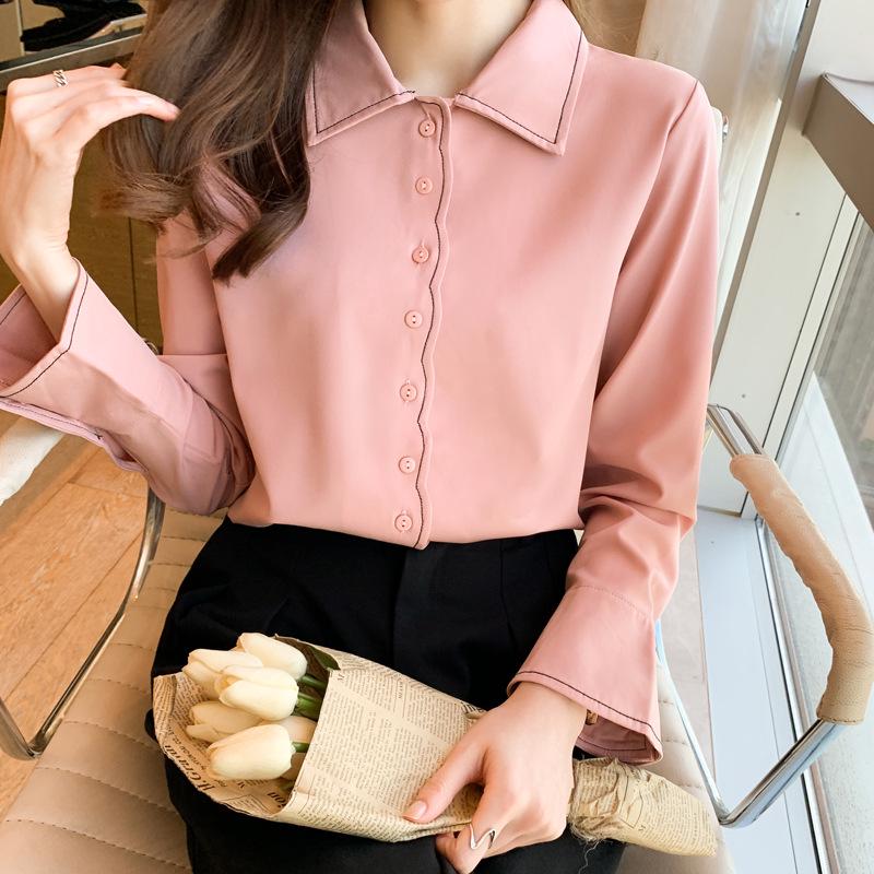 Autumn Women s Solid Color Long Sleeve Chiffon Shirt - Korean Style Casual Top Small розовый