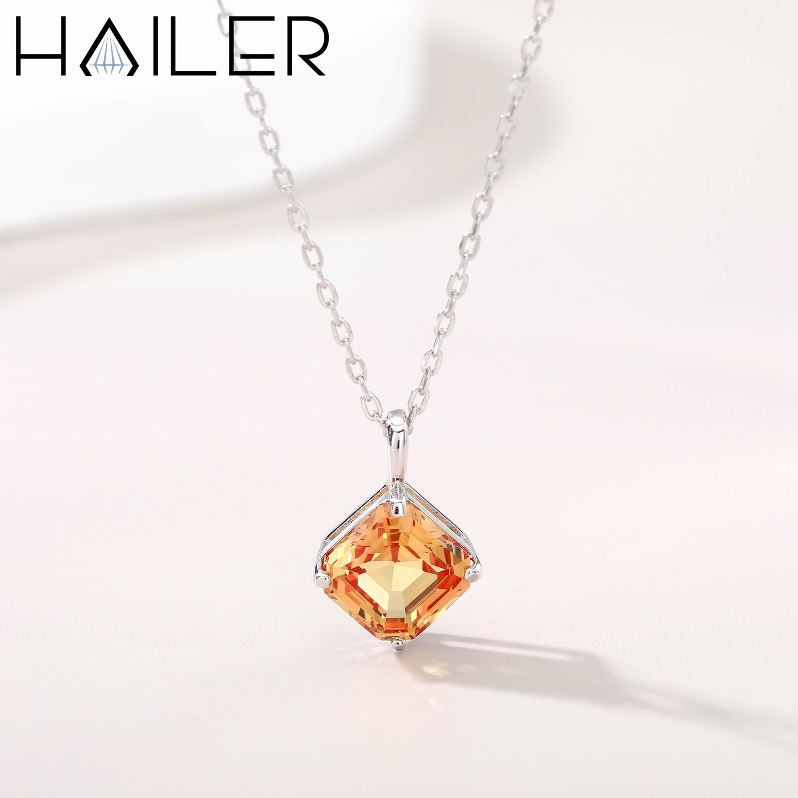 Fine Engagement Gift Fashion Pendant Gold Plated 925 Silver Asscher Cut Lab Grown Sapphire Solitaire Necklace Women 45cm&925 Silver+Lab Sapphire оранжевый