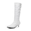 FOREADA Women Knee High Boots Pointed Toe Thin Mid Heels Pleated Long Boots Ladies Fashion Shoes Autumn Winter Black White 46