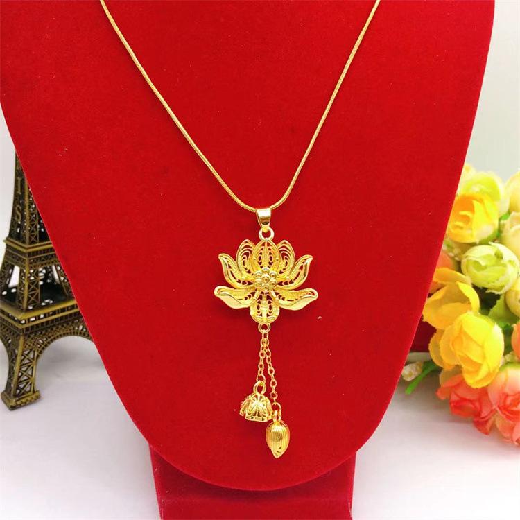 

AU Gold Women s Japanese-Korean Lotus Snake Chain - Polished Lotus Pendant Thin Snake Chain, Date Commute Aura Full