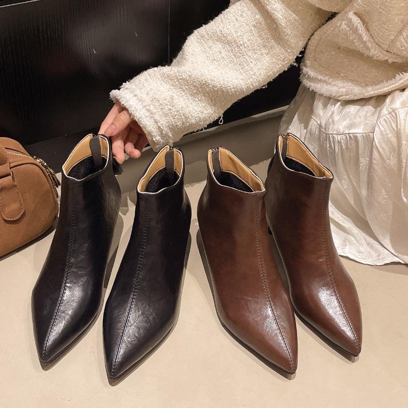 Women's Ankle Boots Vintage Pointed Toe Leather Boots Fashion Casual High Heeled Boot Classic Women Chelsea Boots Botas De Mujer