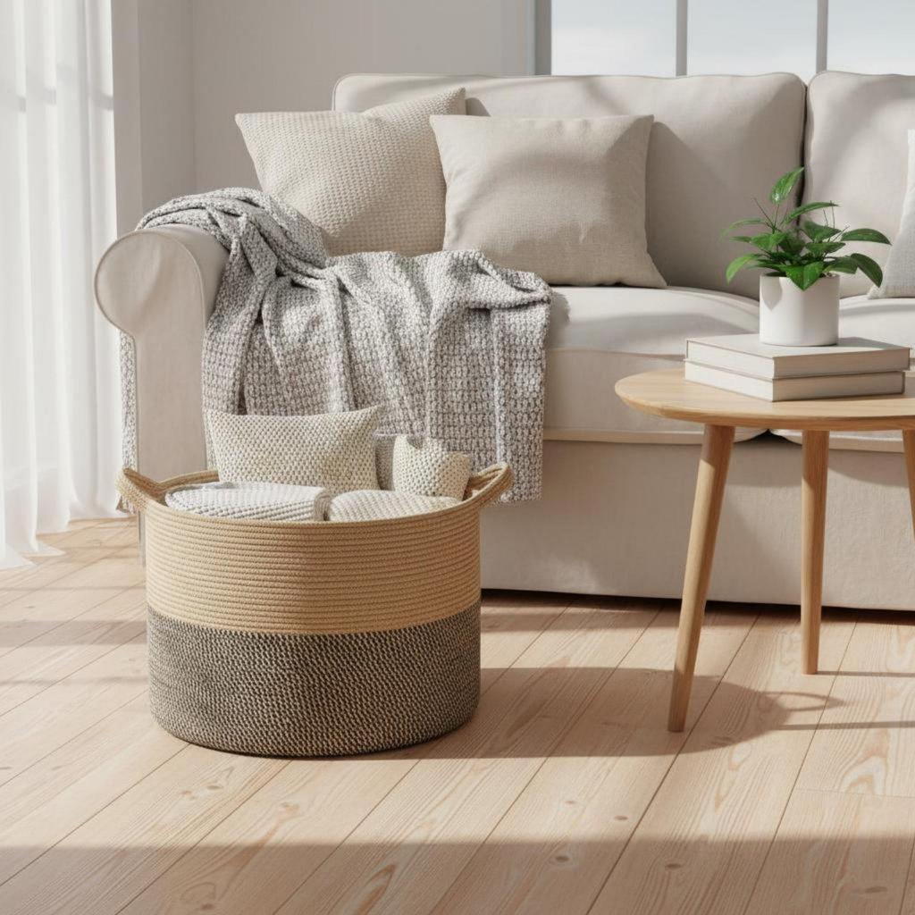 Cesta de Cuerda para Ropa de Gran Capacidad Cesta de Lavandería Tejida con Asas Cesta de Almacenamiento de Cuerda