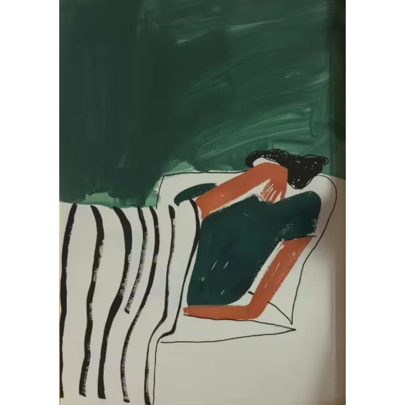 Nordischer Stil Smaragdgrüne Streifen Lässiges Mädchen Leinwand Wandkunst Moderne Abstrakte Weibliche Minimalistische Poster für Heimdekoration