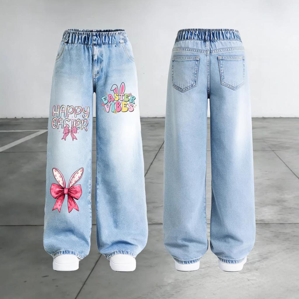 Girls' Fashionable Easter Cartoon Rabbit Printed Denim Pants - Spring/Summer Children's Casual Denim Pants