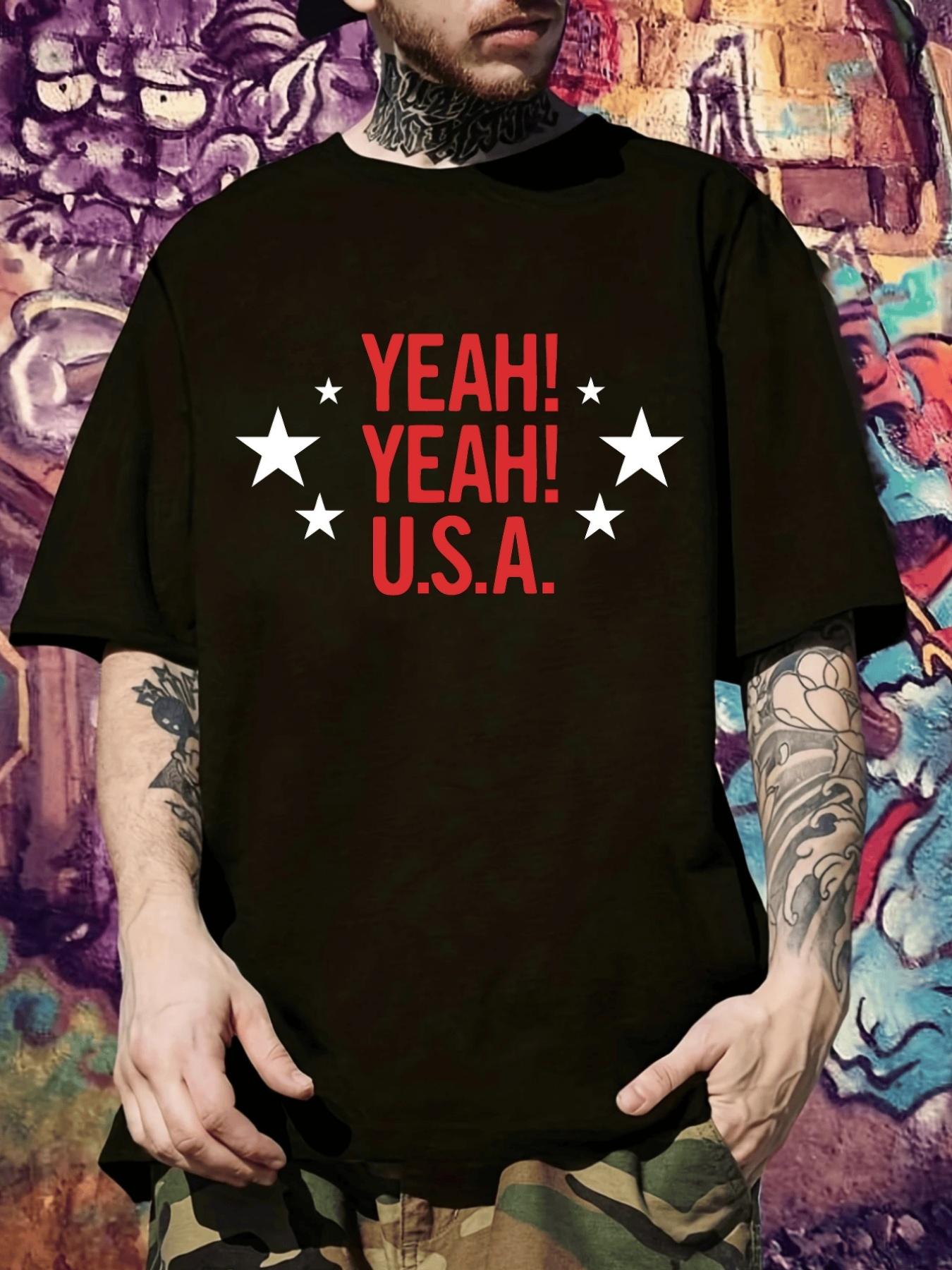 Yeah! Yeah! U.S.A. Graphic T-shirt - Black Casual Short Sleeve Tee with Stars & Stripes Design XXL