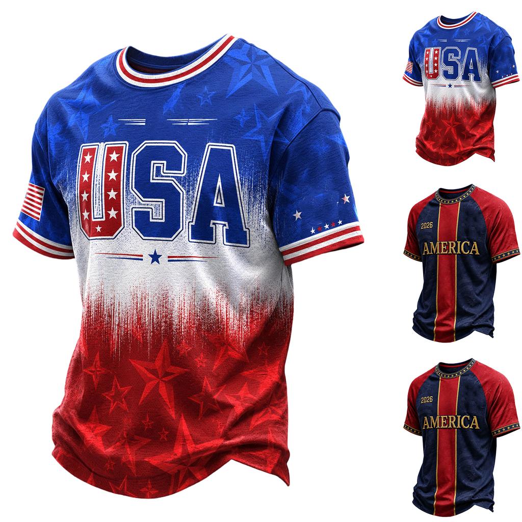 Men's Casual Short Sleeve Neck T-Shirt with USA Letter Print, Lightweight and Breathable