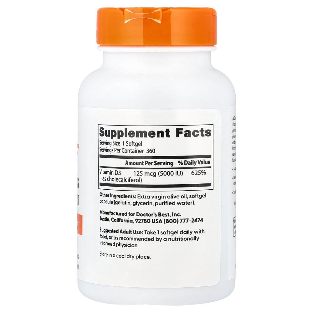 Doctor's Best Vitamin D3 125mcg (5000IU) Softgels, 360 Count
