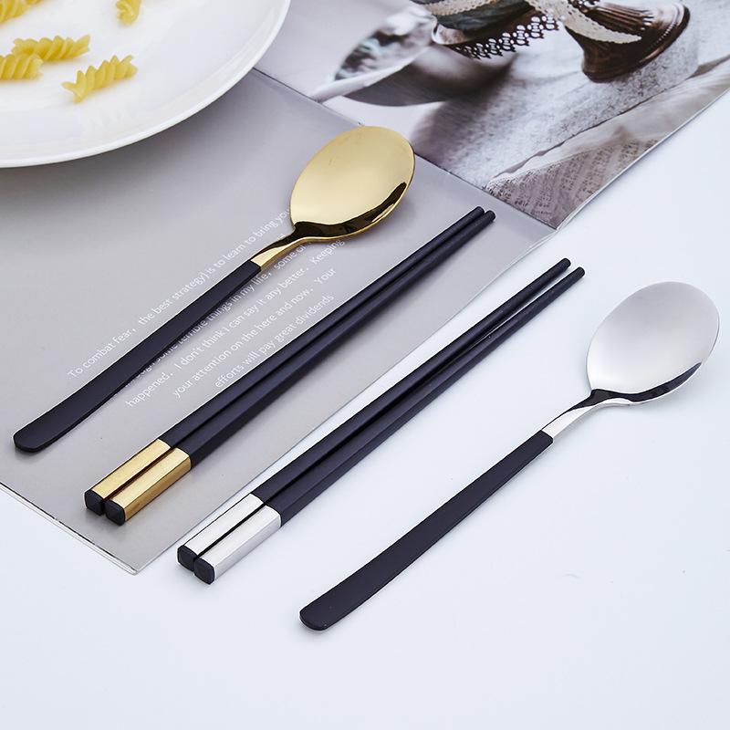 Korea Style Metal 304 Stainless Steel Portable Cutlery Spoon Chopsticks Kits Serving Dinner Set Tableware With Box