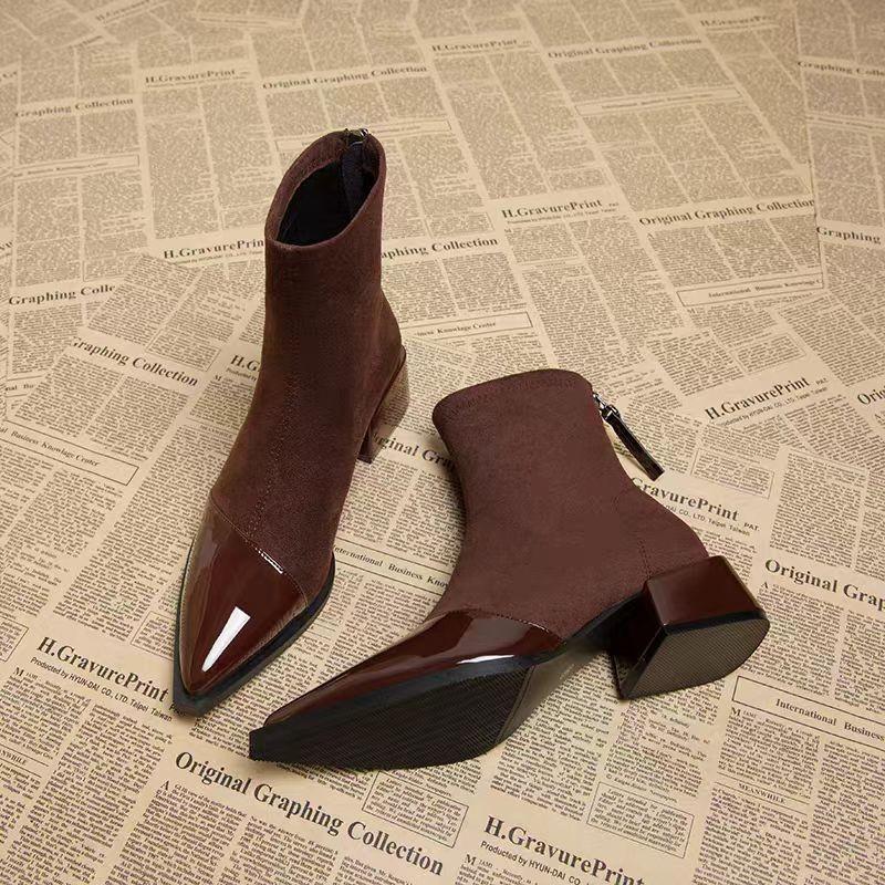 

Skinny Boots Autumn New Pointed Toe Splice Zipper Soft Sole Anti-slip Wear-resistant Block Heel Women s Shoes 43