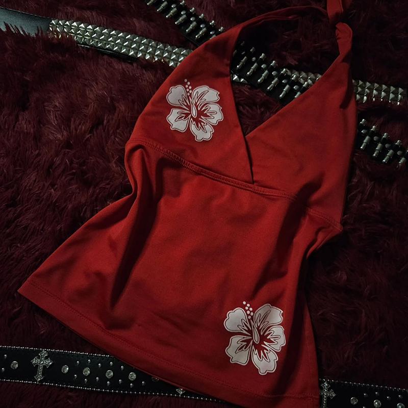 Top estivo alla moda da donna Y2k con scollo all'americana, motivo floreale Harajuku stampato, aderente, senza schiena, canotta casual senza maniche con scollo a V