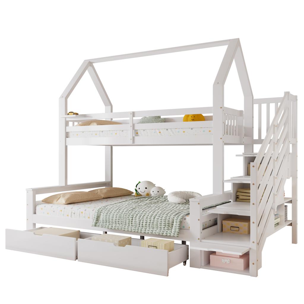 Letto a Castello per Bambini, Due Cassetti su Ruote, Design a Tetto, con Sponda di Sicurezza e Armadio a Gradini, Pino + MDF + Compensato, Bianco, 90x200cm e 140x200cm