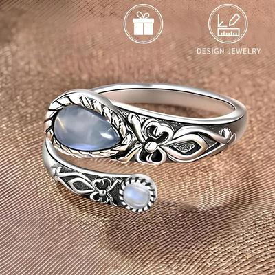 Ring,Mondsteinring,Silberfarbe,verstellbarer Ring,Boho,Vintage,Löffelring,Schmetterling,synthetischer Stein,Geschenk