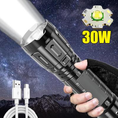 30W USB Rechargeable Flashlight Led 3 Gears  Battery Torch Lantern for Outdoor Waterproof Camping Fishing Hiking Lighting Lamp