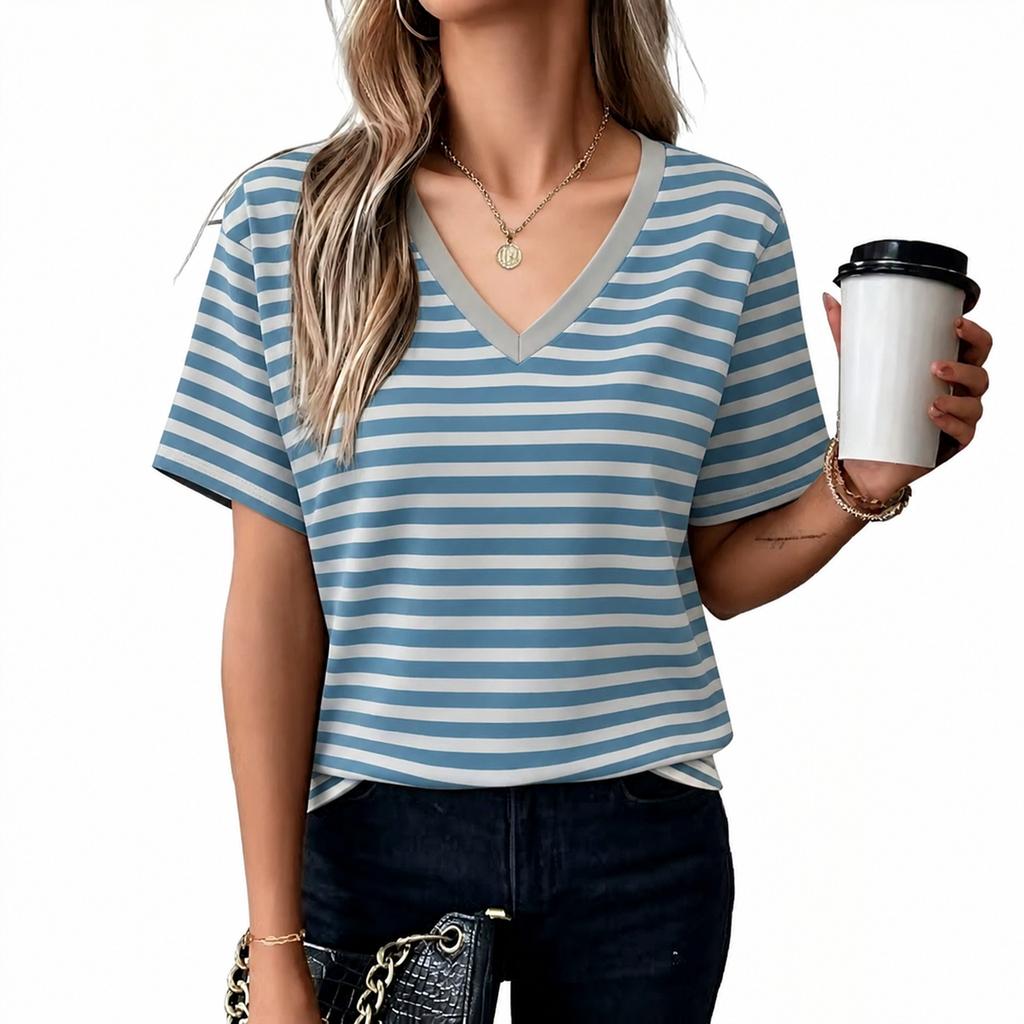 Women’s Short Sleeve V Neck Striped T Shirt Basic Summer Blouse Casual Loose Fit Lightweight Top for Daily Wear