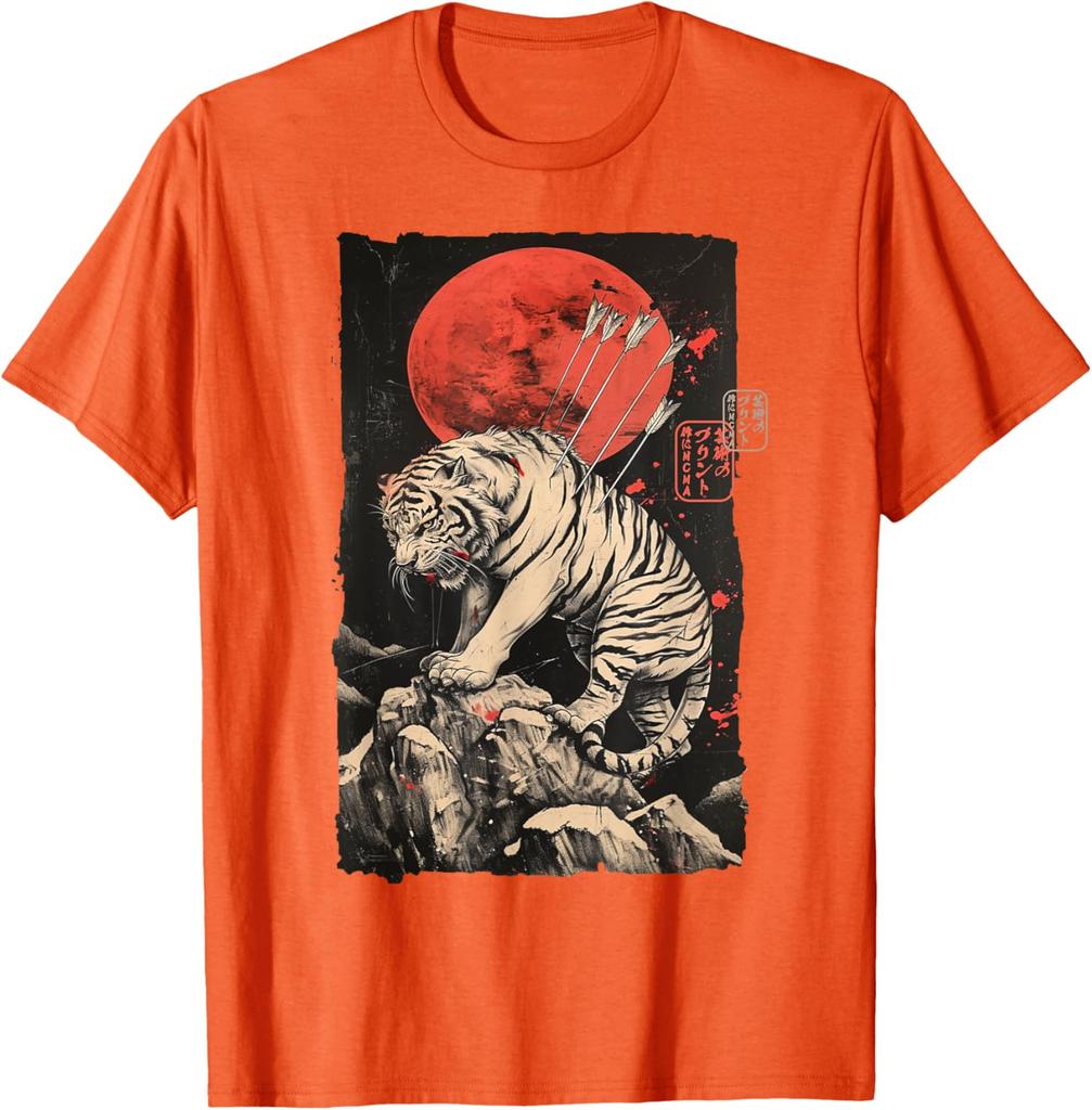 Wounded Tiger with Arrows Japanese Art Graphic Tee Mens Casual Round Neck TShirt Breathable Print