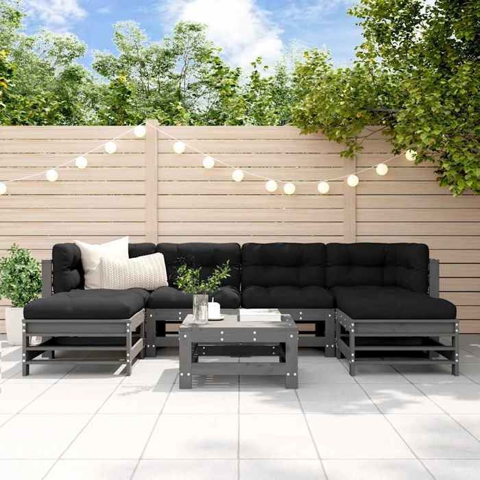 Salon de jardin - Maison Exclusive - 7 pcs - Bois de pin massif - Coussins gris