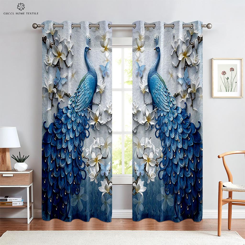 Vintage Peacock 3D-utskrift vindusgardiner, stanglomme, soverom, stue, kjøkkeninnredning, kan tilpasses, 2 stk.